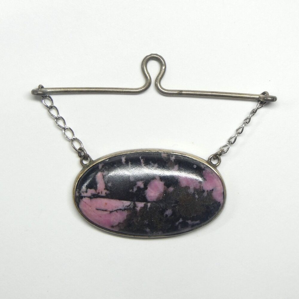 Pink & Black Rhodonite Oval Cabochon Pendant Silvertone Frame Vintage